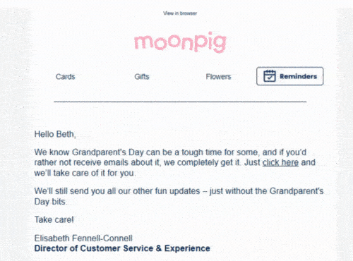 This is a great example of Moonpig's pattern interrupt email I got last week. Also did you know there is a grandparent's day!?