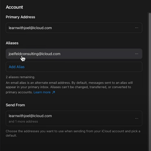 This is a screenshot of how to set up a email alias in Apple